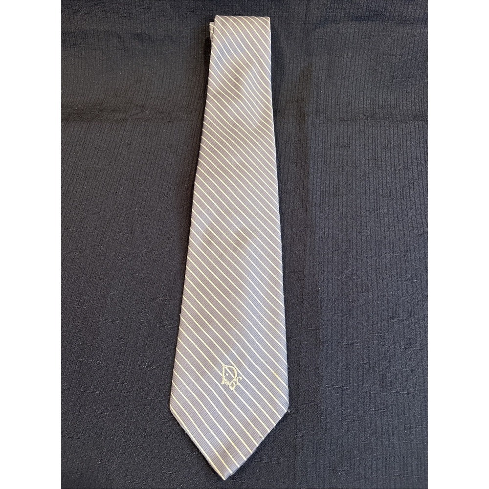Vintage Christian Dior Gray Striped Silk Blend Tie Men Classic Width Short